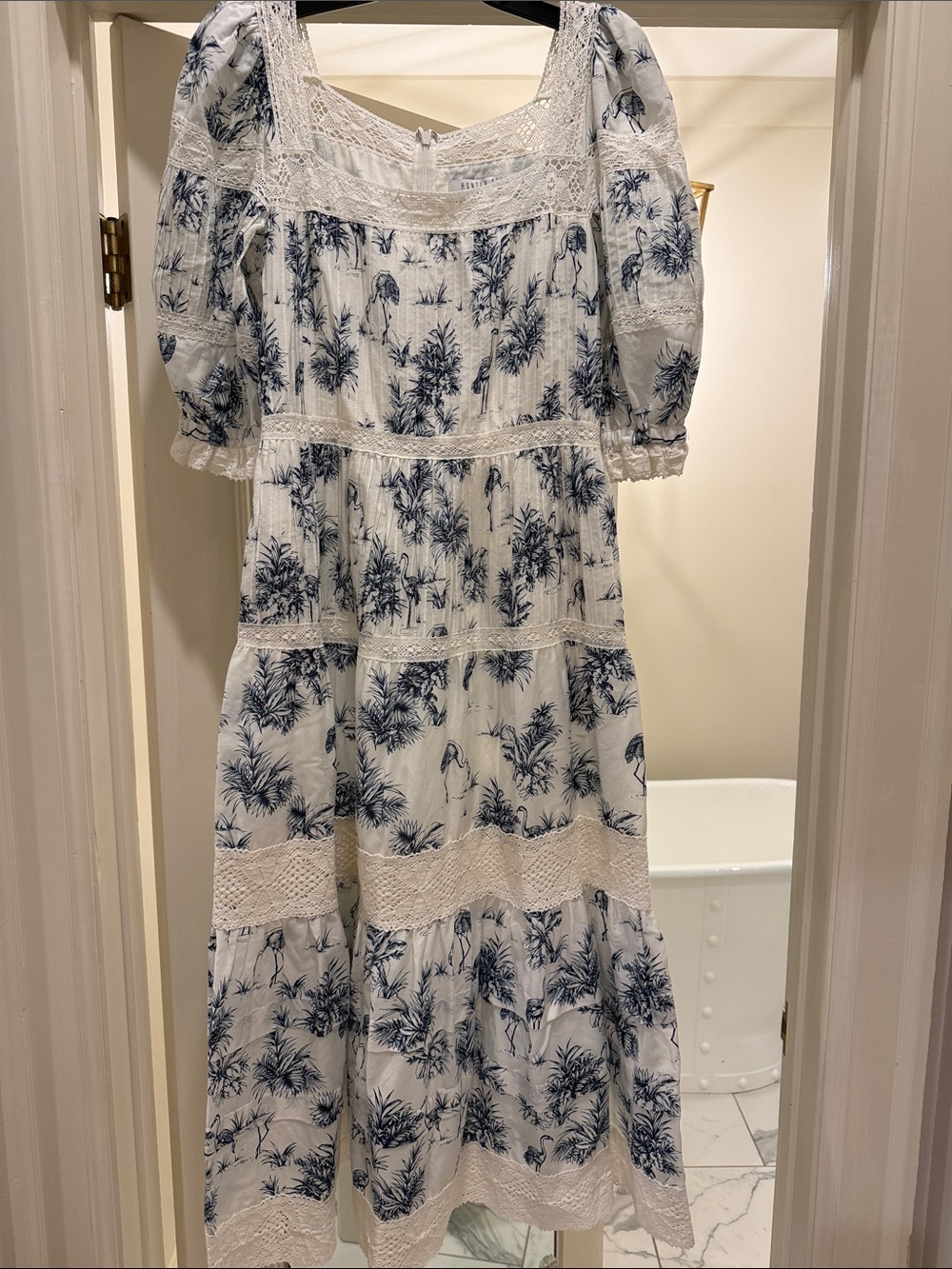 HUNTER BELL white and Navy Floral Square-Neck Dress